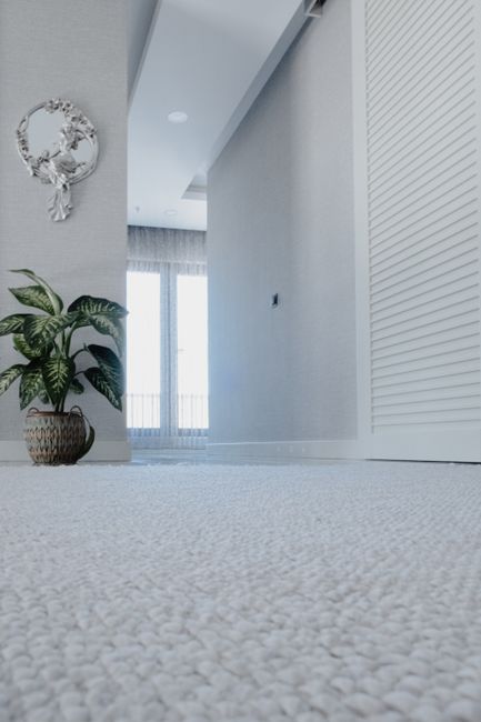 A person using a handheld vacuum cleaner to clean a patterned area rug with floral motifs in a residential room. The individual is dressed in casual attire, including beige shoes and blue jeans, stand
